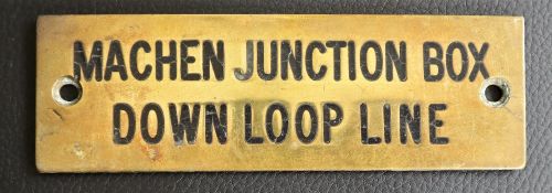 Railwayana - A brass signal box shelfplate "MACHEN JUNCTION BOX DOWN LOOP LINE", 12 x 3.