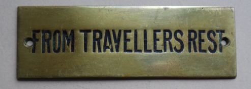 Railwayana - A brass signal box shelfplate "FROM TRAVELLERS REST", 12 x 3.