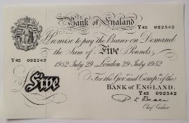 A Bank of England white Five Pounds note, Percival Spencer Beale, London, dated 29th July 1952,