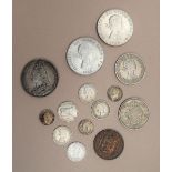 A Victorian Crown, dated 1892, together with other coins including Threepence pieces,