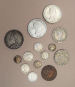 A Victorian Crown, dated 1892, together with other coins including Threepence pieces,