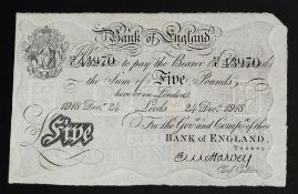 A Bank of England white Five Pounds note, Ernest Musgrave Harvey, Leeds dated 24th December 1918,