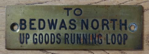 Railwayana - A brass signal box shelfplate "TO BEDWAS NORTH UP GOODS RUNNING LOOP", 12 x 3.