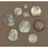 A collection of Victorian silver coins including an 1841 threehalf pence, 1849 Florin,