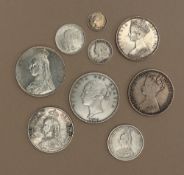 A collection of Victorian silver coins including an 1841 threehalf pence, 1849 Florin,