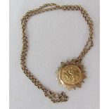 A George V gold sovereign dated 1912, mounted in a 9ct gold slip mount on a 9ct gold chain,