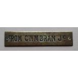 Railwayana - A brass signal box shelfplate FROM CWMBRAN Jc", 10.3 x 2.