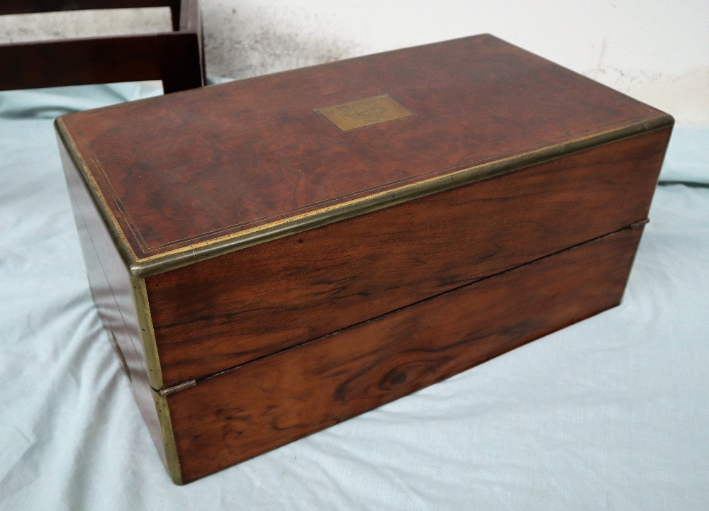 A Victorian burr walnut writing slope, of rectangular form with brass inlay and stringing, - Image 10 of 11