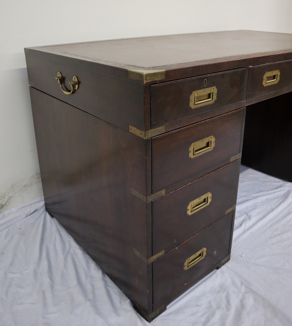 A 19th century mahogany campaign desk, the rectangular brass bound inset top above three drawers, - Image 4 of 6