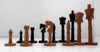 A turned treen chess set, with a ring turned and ball column,