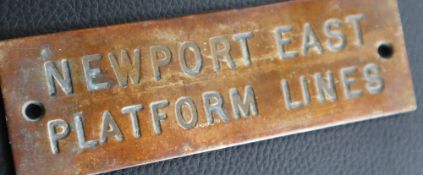 Railwayana - A brass signal box shelfplate "NEWPORT EAST PLATFORM LINES", 12 x 3.