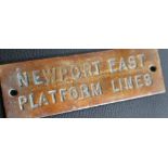 Railwayana - A brass signal box shelfplate "NEWPORT EAST PLATFORM LINES", 12 x 3.