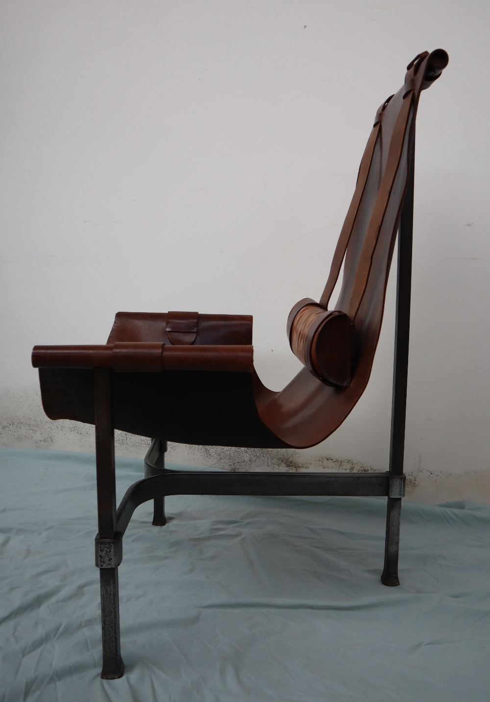 A 20th century leather and wrought iron elbow chair, - Image 6 of 7