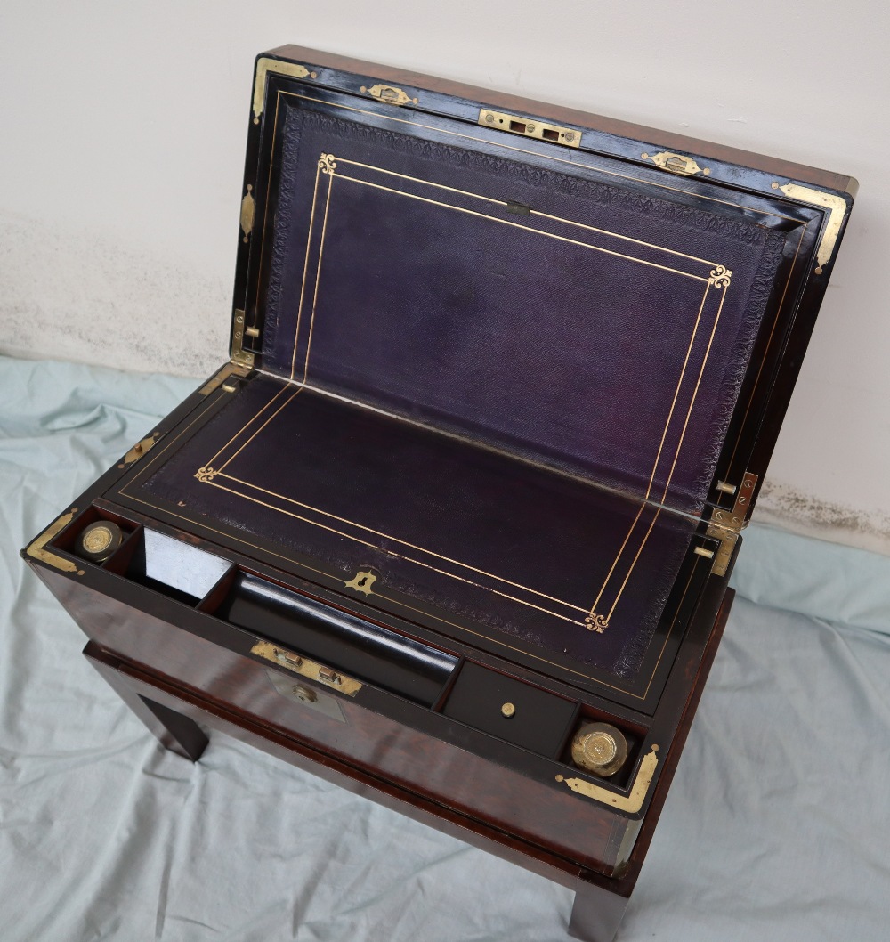 A Victorian burr walnut writing slope, of rectangular form with brass inlay and stringing, - Image 3 of 11