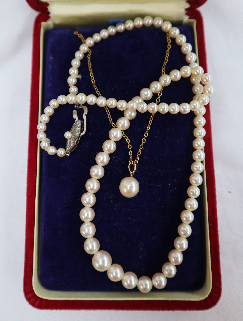 A Mikimoto pearl pendant on a 14ct gold suspension loop on a yellow metal chain,