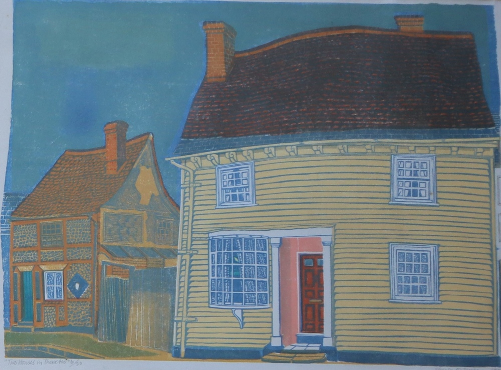 Sheila Robinson Two Houses in Thaxted Lithograph Signed in pencil to the margin and dated 1970 35 x