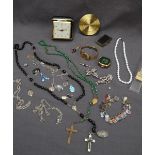 A paste set floral brooch together with assorted necklaces, wristwatches,
