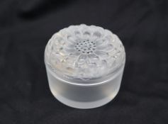 A Lalique Dahlia pattern glass box and cover of cylindrical from, etched mark, 8.