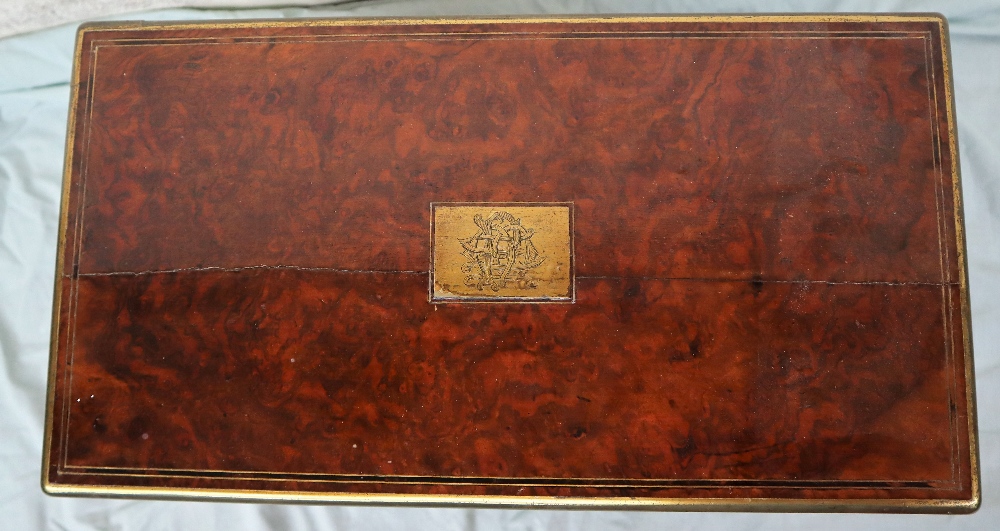 A Victorian burr walnut writing slope, of rectangular form with brass inlay and stringing, - Image 2 of 11