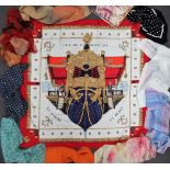 A Hermes silk scarf - Vue du Carrosse de la Galere la Reale together with a collection of silk and