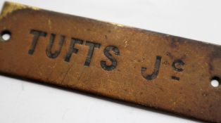Railwayana - A brass signal box shelfplate "TUFTS JC", 12 x 3.
