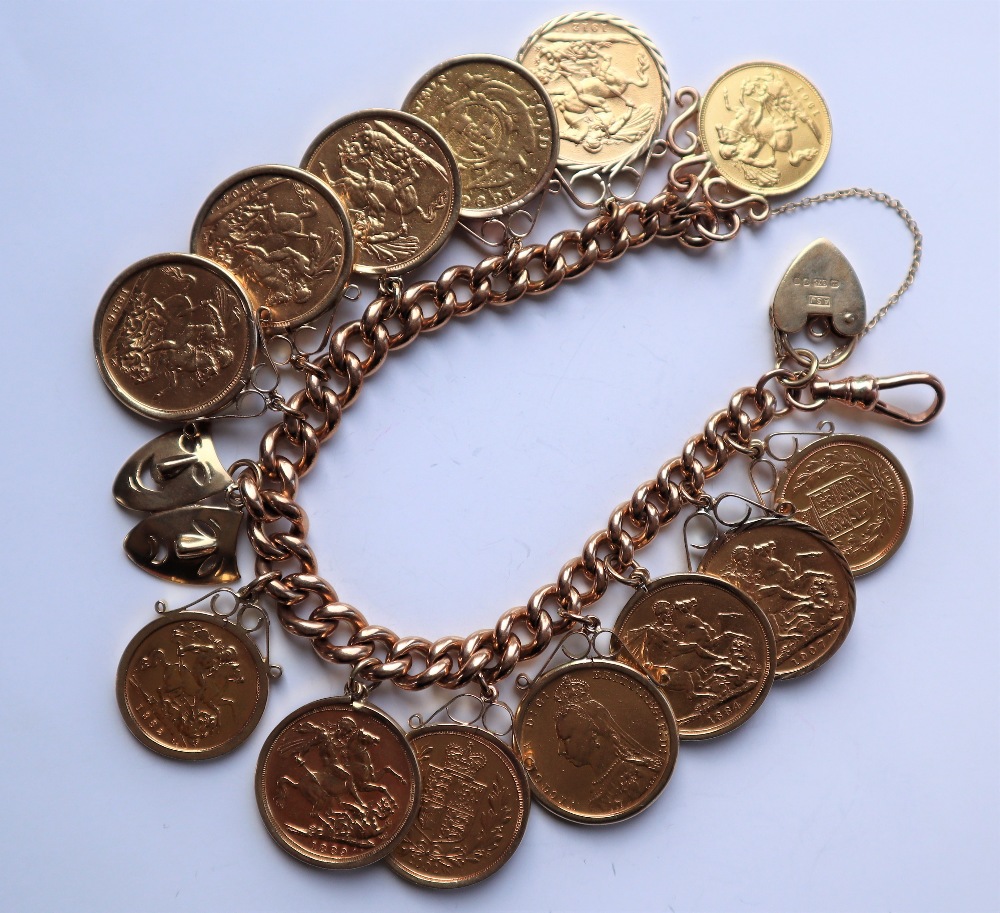 A 9ct gold solid curb bracelet mounted with nine sovereigns, dated 1912, 1898, 1904, 1896, 1889, - Image 2 of 5