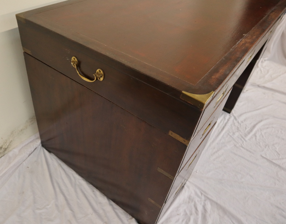 A 19th century mahogany campaign desk, the rectangular brass bound inset top above three drawers, - Image 3 of 6