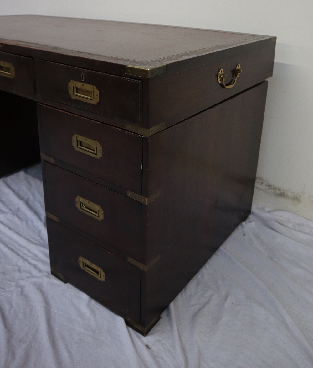 A 19th century mahogany campaign desk, the rectangular brass bound inset top above three drawers, - Image 5 of 6