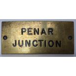 Railwayana - A brass signal box shelfplate "PENAR JUNCTION", 13 x 5.