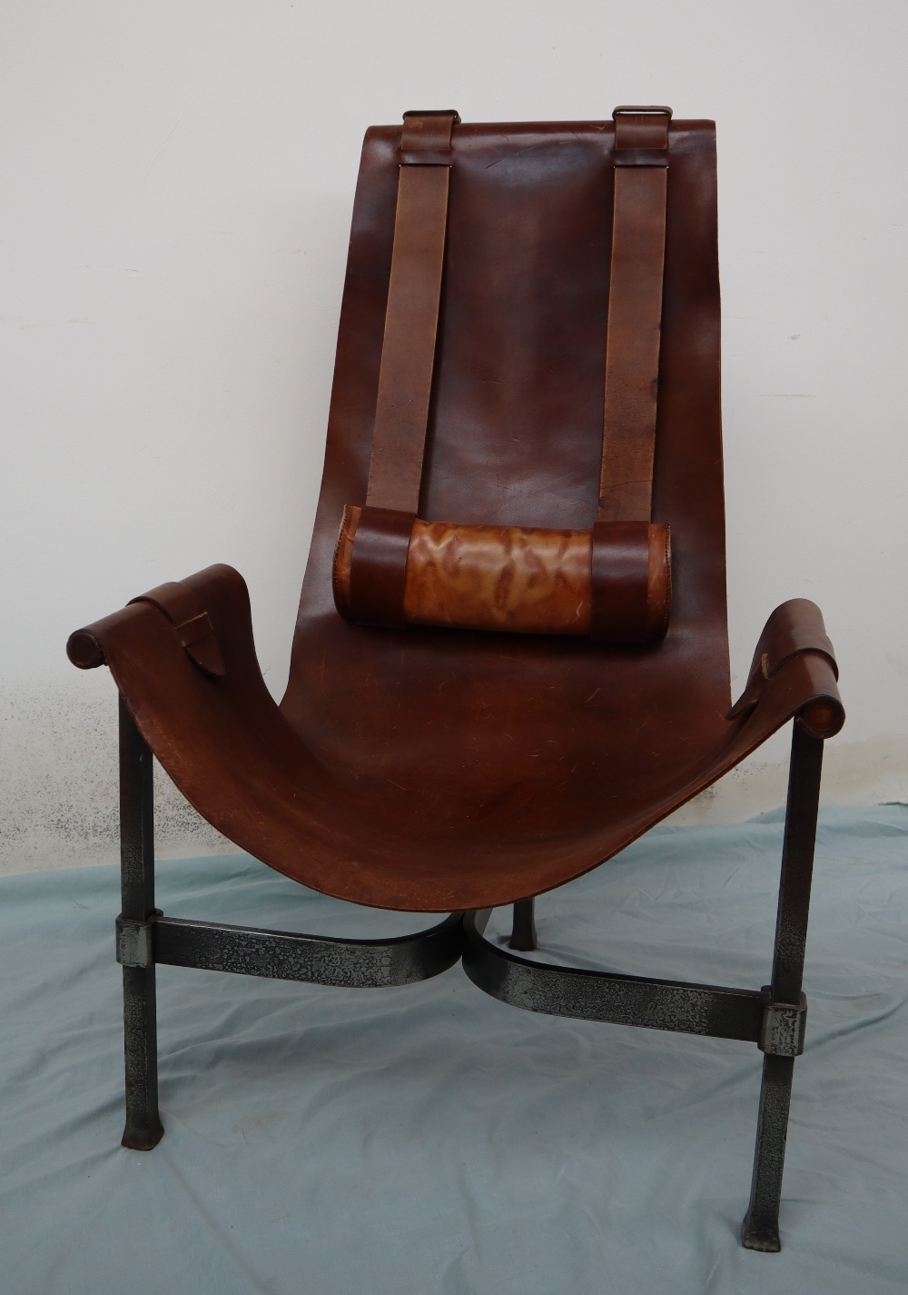 A 20th century leather and wrought iron elbow chair, - Image 2 of 7