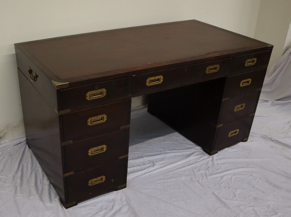 A 19th century mahogany campaign desk, the rectangular brass bound inset top above three drawers, - Image 2 of 6