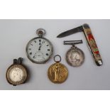 Two World War medals, together with a pocket watch, lighter and pocket knife,