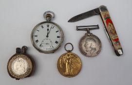 Two World War medals, together with a pocket watch, lighter and pocket knife,