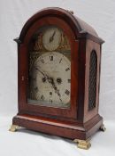 A George III mahogany Bracket Clock, with a brass carrying handle to the domed top,