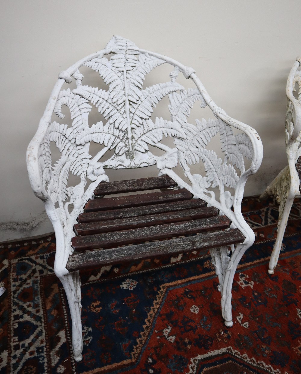A cast iron Coalbrookdale style garden two seater bench and matching chair, - Image 2 of 9