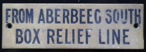 Railwayana - A brass signal box shelfplate "FROM ABERBEEG SOUTH BOX RELIEF LINE", 12 x 3.