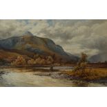 J MacCulloch A landscape scene with a fisherman in the foreground Watercolour Signed and dated