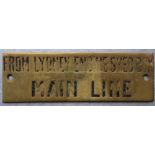 Railwayana - A brass signal box shelfplate "FROM LYDNEY ENGINE SHED BOX MAIN LINE", 12 x 3.