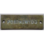 Railwayana - A brass signal box shelfplate "PONTNEWYDD", 12 x 3.