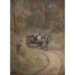 19th Century British School A horse and cart on a forest track Oil on canvas Indistinctly signed 39.