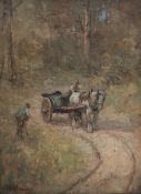 19th Century British School A horse and cart on a forest track Oil on canvas Indistinctly signed 39.