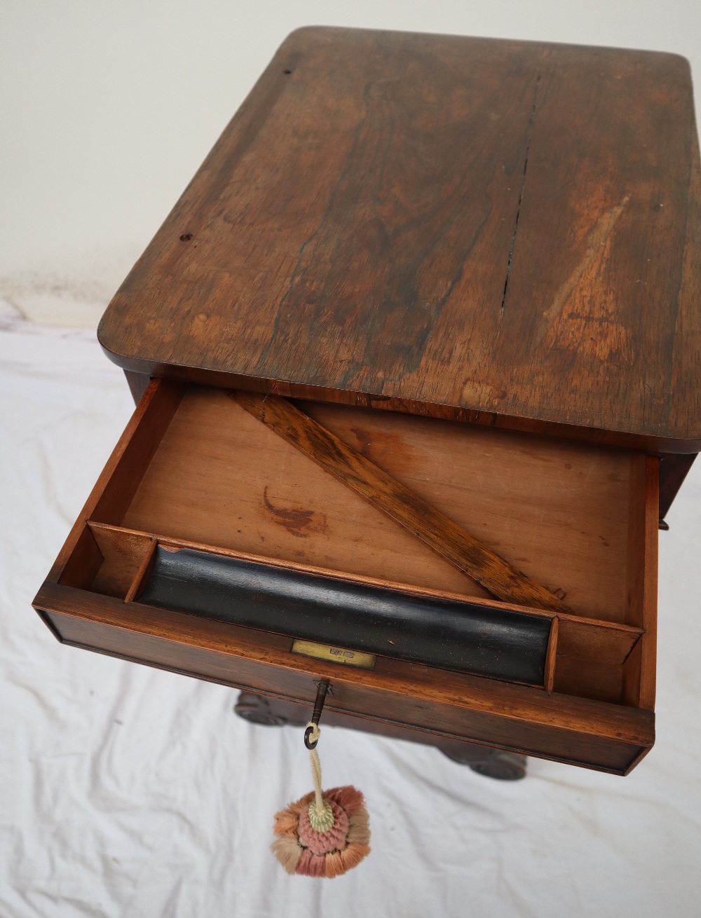 An early Victorian rosewood work table, the hinged top with stay and frieze drawer, - Image 6 of 9