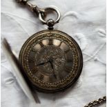 A continental white metal open faced pocket watch, the silvered dial with Roman numerals ,