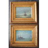 E J Bladun Fishing boats coming into shore Oil on board Signed 18 x 27cm Together with a companion
