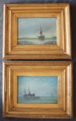 E J Bladun Fishing boats coming into shore Oil on board Signed 18 x 27cm Together with a companion