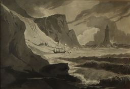 Attributed to John Sell Cotman A rocky bay with a lighthouse watercolour 22 x 32cm