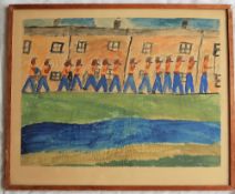 Attributed to Harry Weinberger Figures in front of a row of terraced houses Watercolour 38 x 50.