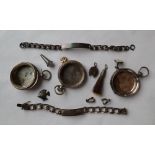 Three silver pocket watch cases together with two silver identity bracelets,