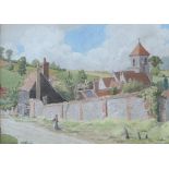 Hilda Eynon Davies A farmstead with a church in the background Watercolour Signed 26 x 36cm