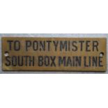 Railwayana - A brass signal box shelfplate "TO PONTYMISTER SOUTH BOX MAIN LINE", 12 x 3.